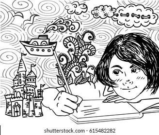  Illustration Of Kid Writing And Drawing. Funny Cartoon