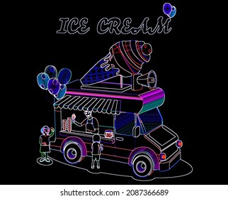 Illustration kids buying ice cream at an ice cream stand  Pink   colorful ice cream stand  Neon style drawing