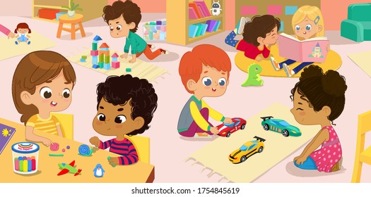 Illustration of the kindergarten class and children's activity in the kindergarten. Multicultural Kids reading books, playing with wooden blocks and toy cars, sculpt clay figures