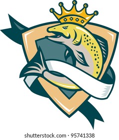 Illustration of a king salmon fish with crown jumping with shield and scroll in background done in retro style.