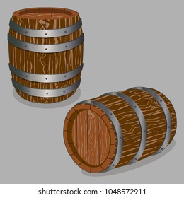 Illustration Kit Wooden Barrels, Casks In Various Position. Wooden Barrels Consisting Of Collection To Tree Casks For Storage Alcohol Drink. Casks Stand On Warehouse Together With Wooden Barrels.