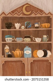 Illustration Of A Kitchen Cabinet. Idea For Poster, Book Illustration