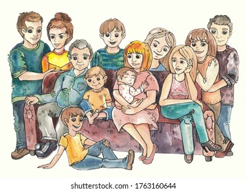 Illustration Of A Large Family In Watercolor Isolated On A White Background.Happy Big Family Like In The Photo