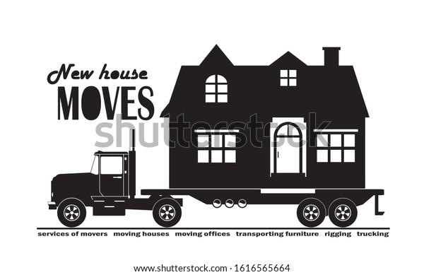 Illustration of a large truck\
carrying a country house, service for moving a house, fast\
delivery