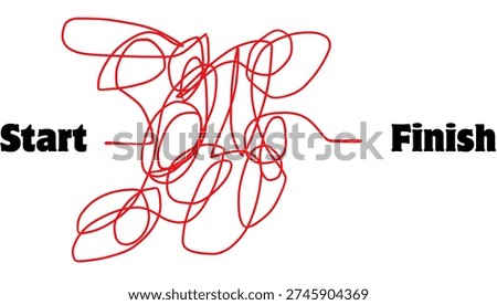 Illustration of “Start” leading through tangled thread and ending at “Finish,” symbolizing complex journeys, problem solving, persistence, struggle, and success after challenges.