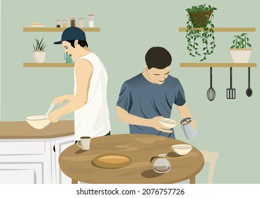 Illustration Of Lgbt Couple, Breakfast At Home, Making Coffee In The Kitchen, Kitchen Appliances