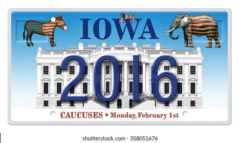 Illustration Of A License Plate Showing The Presidential Election Year 2016, The White House, A Republican Elephant, And A Democrat Donkey, Highlighting The Iowa Caucuses. Includes Clipping Path.