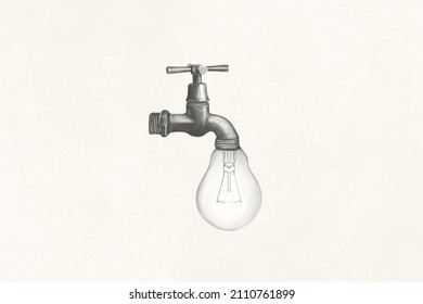 Illustration of light bulb as drop of water falling out of faucet, source of new ideas, surreal abstract concept