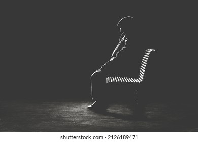 Illustration Of Light Profile Of Lonely Old Man Waiting On A Bench In The Park, Minimal Solitude Concept