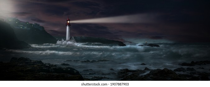 Illustration - Lighthouse with beacon on coast in stormy sea with sailboat on horizon	
