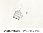 illustration of little bird flying out of open birdcage, surreal freedom motivational concept