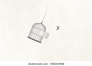 illustration little bird flying out open birdcage  surreal freedom motivational concept