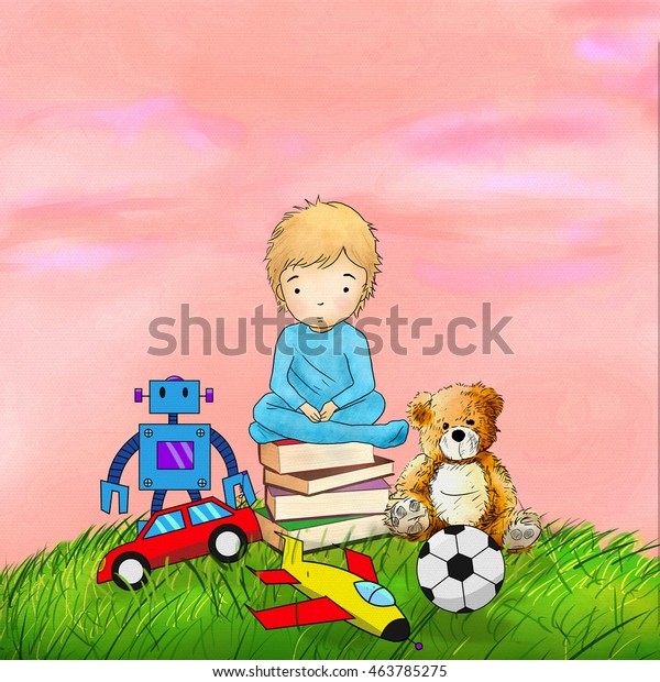 Illustration of  little boy thinking toy in future
at green
field.