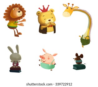 Illustration: Little Happy Animal Friends. The Bear, The Lion, The Rabbit, The Mouse, The Pig and The Giraffe. Realistic Fantastic Cartoon Style Scene / Wallpaper / Background Design.
