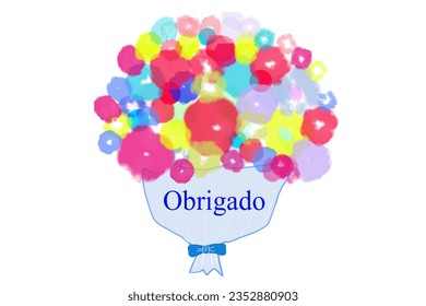 It is an illustration of a lively bouquet. "Thank you" is written in Portuguese. - Powered by Shutterstock