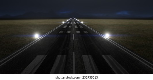 Illustration of a lonely airport runway at night with lights