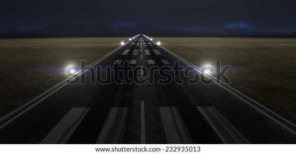 Illustration of a lonely airport runway at night\
with lights