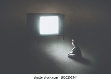 Illustration Of Lonely Kid Watching Tv In A Dark Room, Education Concept