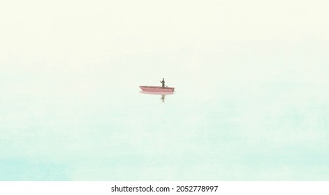 Illustration Of A Lonely Man On A Boat In The River. Surreal Art Of Loneliness, Alone, Solitude Concept. Painting Of People And Nature.