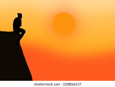 Illustration lonely man silhouette sitting at peak   watching sunset sunrise  Empty blank copy space area for business career life advertising ad texts 