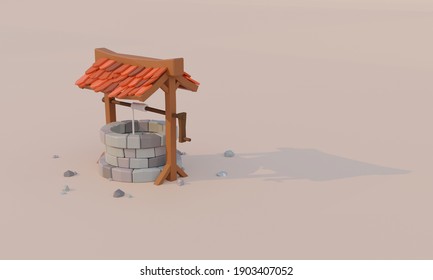 Illustration of low poly well placed on light background with long shadow. Wooden construction above well with red roof. Cartoon style, 3D render.