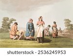 Illustration of lowkers (1814) by George Walker. Vintage people landscape painting. Vintage people art drawing illustration, old painting art print of people landscape.