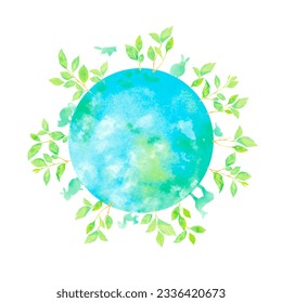 An illustration of a lush green earth inhabited by animals. A stylish watercolor illustration on the theme of environmental protection. - Powered by Shutterstock