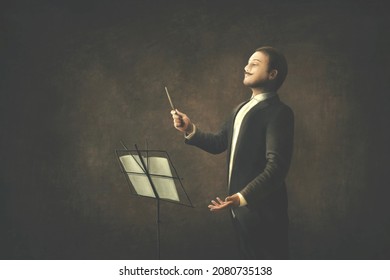Illustration of maestro conducting orchestra, classic musician portrait  