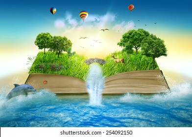 Illustration of magic opened book covered with grass trees and waterfall surround by ocean. Fantasy world, imaginary view. Book, tree of life concept. Original beautiful screen saver - Powered by Shutterstock