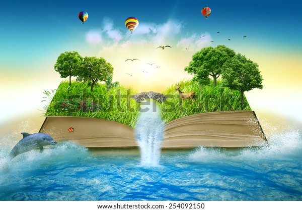 海を取り巻く草木や滝で覆われた魔法の本のイラスト 空想の世界 想像上の景色 人生の木のコンセプトを表す本 オリジナルの美しいスクリーンセーバー の イラスト素材