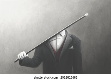 Illustration Of Magician Hiding Himself With A Magic Trick, Surreal Illusion Abstract Concept