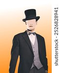 Illustration of a magician wearing a suit and top hat, standing in front of a colorful background