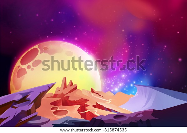 Illustration: The Magnificent Scenery, Cosmos\
Wonders on a Alien Planet. Story with Fantastic Cartoon Style Scene\
Wallpaper Background\
Design.