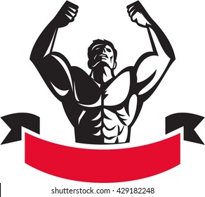 Illustration Of A Male Body Builder Flexing Muscles Looking Up Viewed From Front Set On Isolated White Background With Banner Done In Retro Style. 