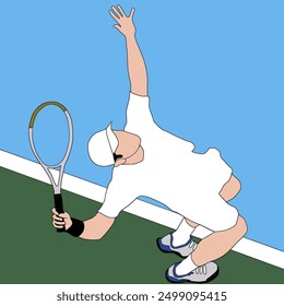 Illustration of a male tennis athlete trying to hit a ball that is difficult to reach,male tennis athlete serving, Isolated icon on white, flat design. used for news illustrations, animations, cartoon - Powered by Shutterstock