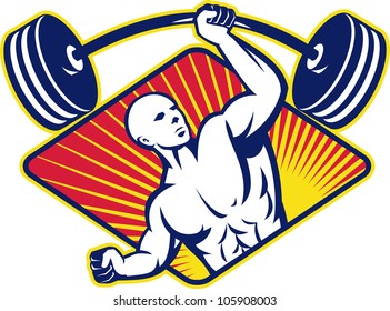 Illustration Of A Male Weight Lifter Body Builder Lifting Barbell Weights  Set Inside Diamond Shape Done In Retro Style.