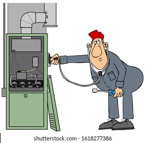 Illustration of a male worker wearing coveralls checking a residential furnace with a stethoscope.