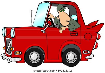 Illustration of a man backing up a red coupe automobile.