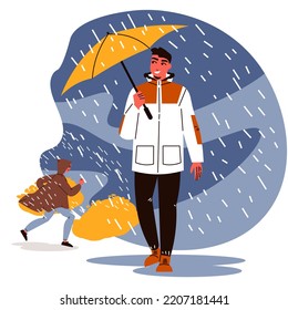 Illustration Man Boy Rain Storm Autumn Umbrella Person Young Travel Graphic Design Sport Activity Active Extreme Natire Season October November Care Weather Businessman