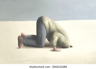 Illustration Of Man Burying Head Under The Ground, Surreal Fear And Shame Concept