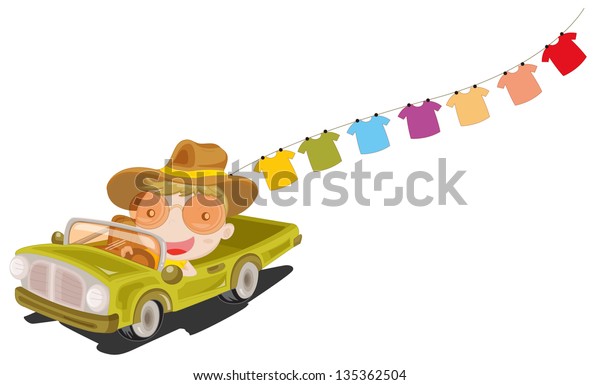 Illustration of a man in a car in front of the\
hanging clothes on a white\
background