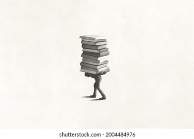illustration of man carrying heavy book on his shoulder, education surreal concept