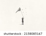 Illustration of man catching butterfly, surreal minimal concept