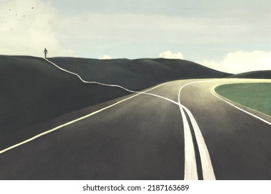 Illustration Of Man Changing Direction, Surreal Abstract Choice Concept