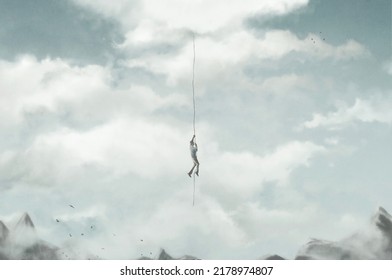 Illustration Of Man Climbing A Rope In The Sky, Ascension Surreal Abstract Concept