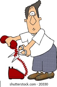 Illustration Of A Man Cutting A Phone Cord With Scissors.