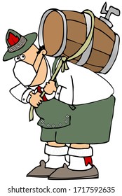 Illustration Of A Man Dressed In Lederhosen For Oktoberfest Carrying A Beer Keg On His Back And Wearing A Face Mask.