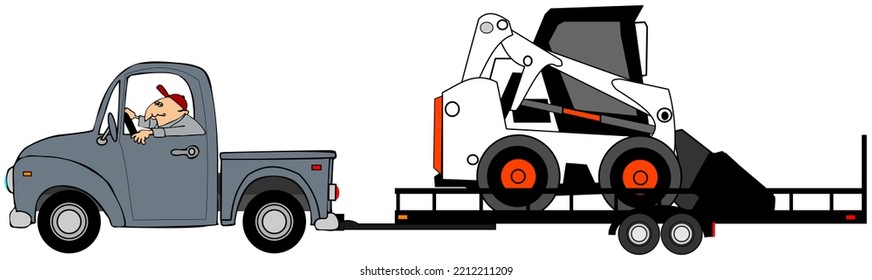 Illustration Of A Man Driving A Pickup Truck Pulling A Flatbed Trailer With A Bobcat Tractor.