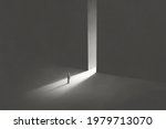 illustration of man entering in an open light door, surreal abstract concept