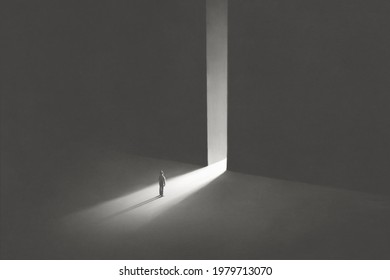 illustration of man entering in an open light door, surreal abstract concept